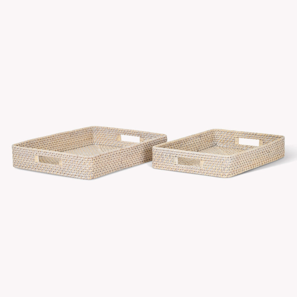 Small white rattan rectangular trays with cut-out handles, handcrafted in Vietnam.
Small White Wittering Rattan Rectangular Tray - Jo And Co Small White Wittering Rattan Rectangular Tray