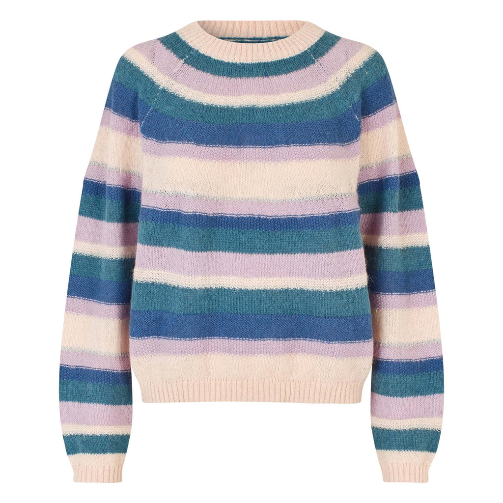 Lollys Laundry Lavender Bjork Knit with wide stripes in blue, lilac, cream, and green tones; soft, fluffy finish; relaxed silhouette.