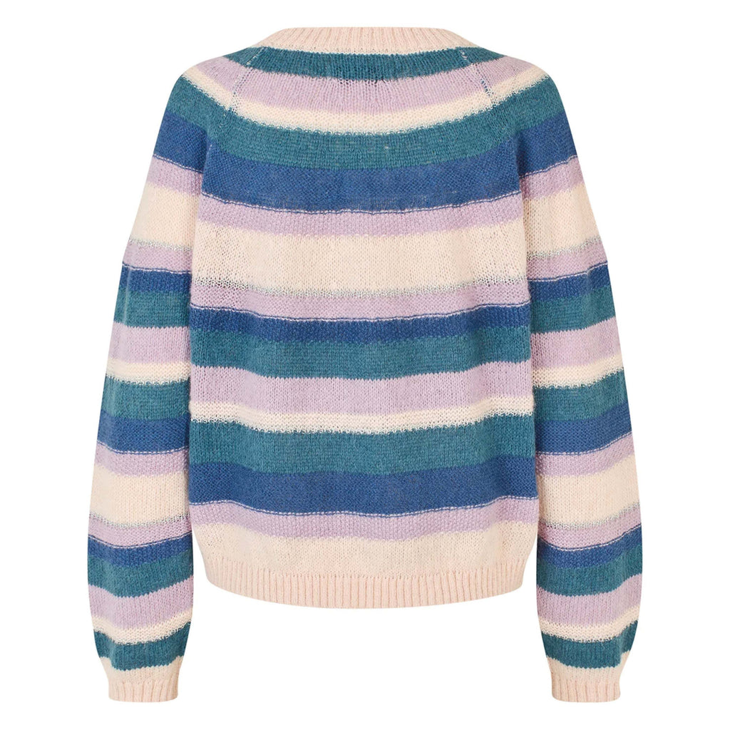 Lollys Laundry Lavender Bjork Knit with wide stripes in blue, lilac, cream, and green tones.