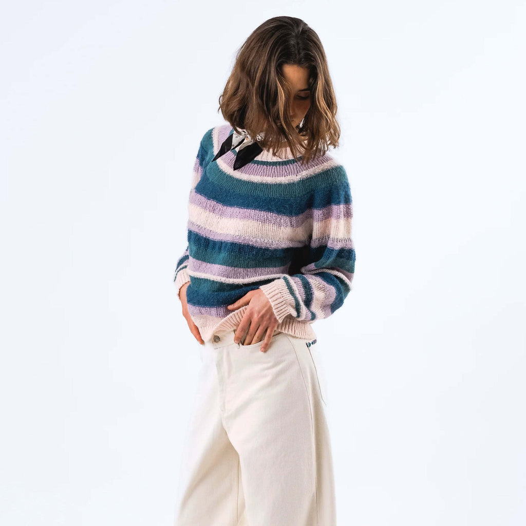 Lollys Laundry Lavender Bjork Knit with blue, lilac, cream, and green stripes.