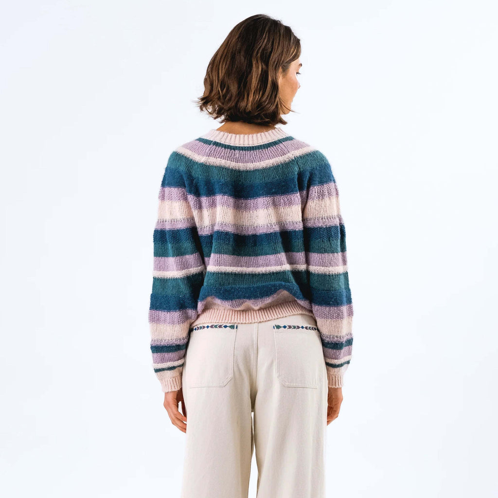 Lollys Laundry Lavender Bjork Knit with wide stripes in blue, lilac, cream, and green, featuring a fluffy finish and relaxed silhouette.