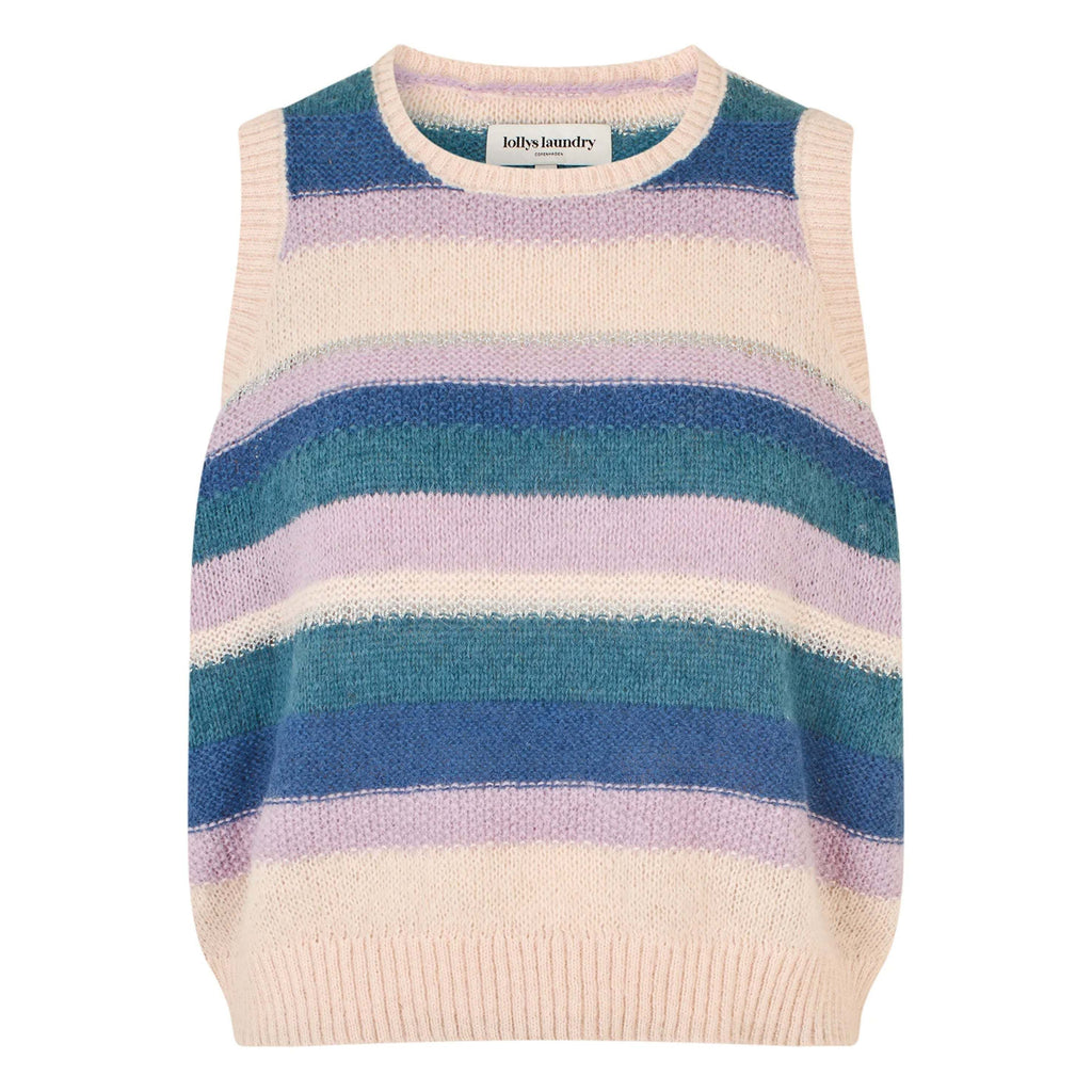 Lollys Laundry Lavender Chicago Knit Vest with blue and purple stripes, sleeveless, relaxed fit, round neckline.