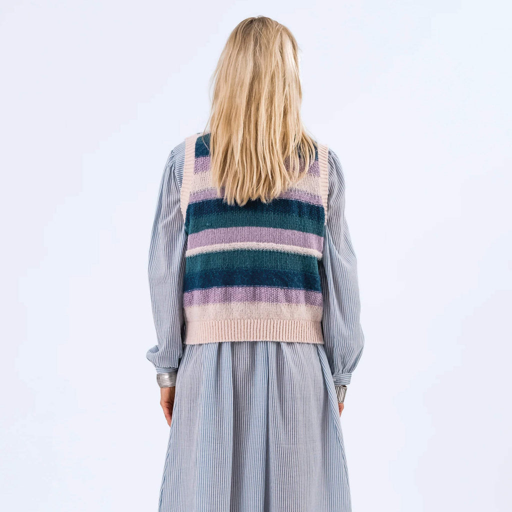 Lollys Laundry Lavender Chicago Knit Vest with blue, purple, and pink stripes, relaxed fit.