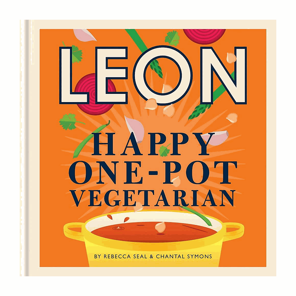 Leon Happy One Pot Vegetarian Cookbook cover featuring vibrant illustration of a cooking pot.