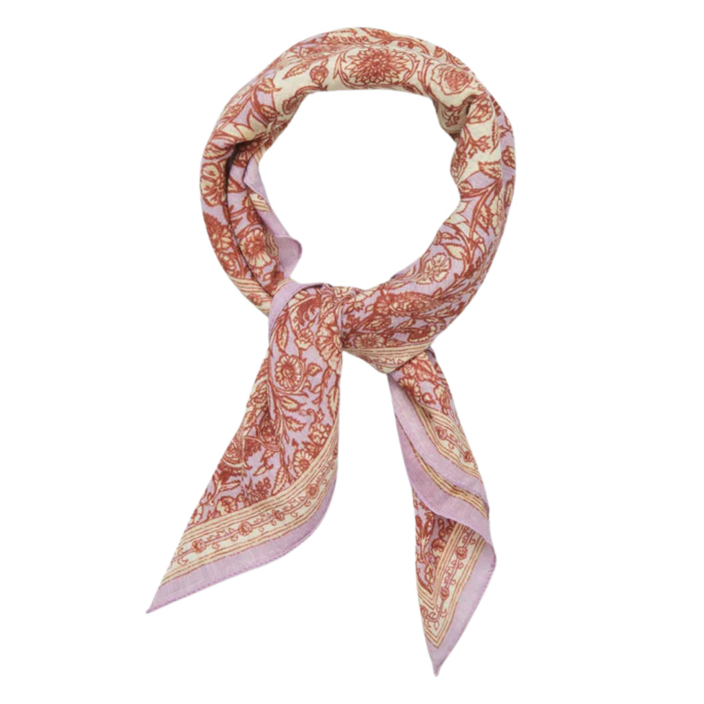 Square cotton lilac scarf with a classic paisley-inspired red and cream floral pattern.
Beck Sondergaard Lilac Chiffon Rosaisley Scarf - Jo And Co Beck Sondergaard Lilac Chiffon Rosaisley Scarf - Beck Sondergaard