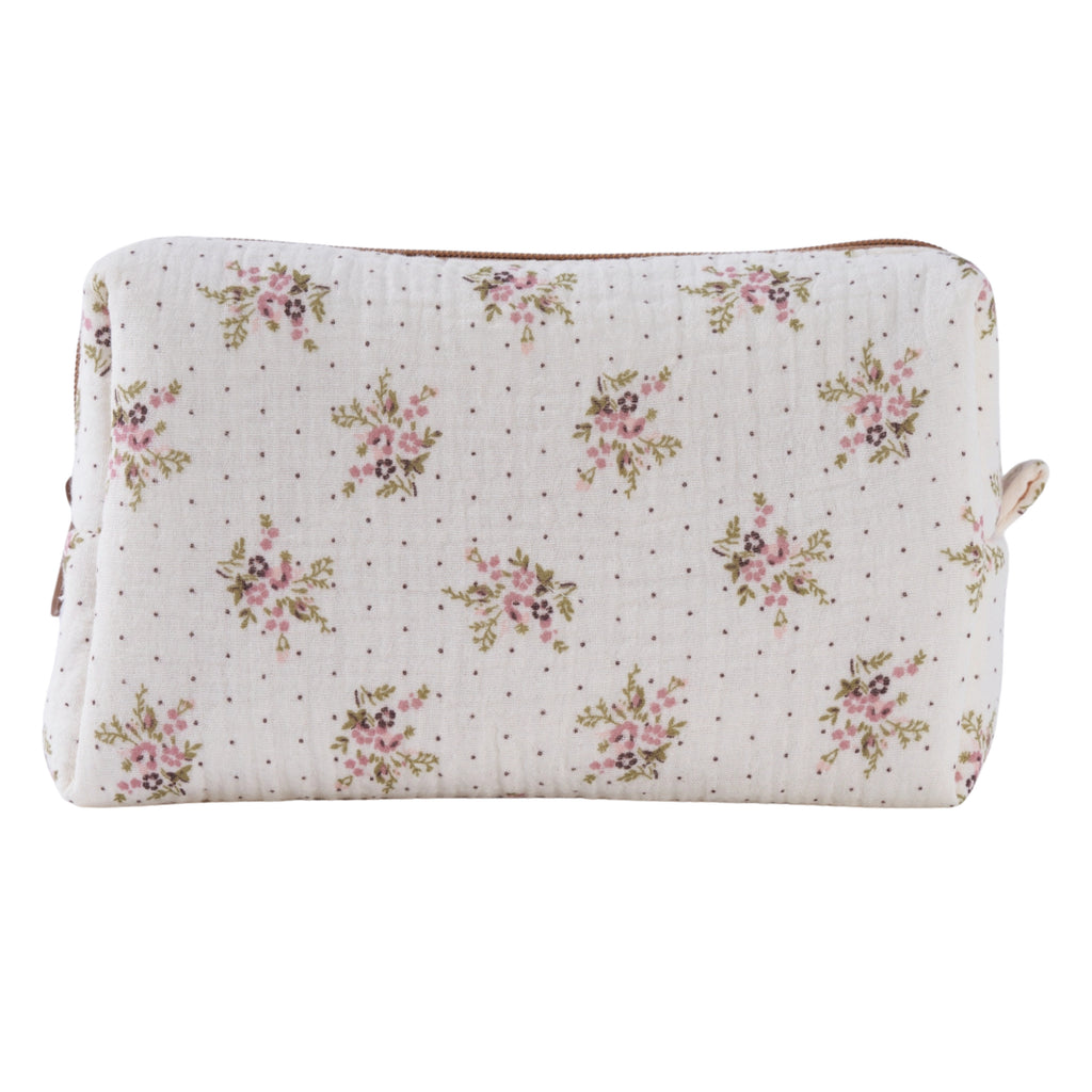 Crepe fabric wash bag with pink roses and sage green leaves pattern with tiny brown dots, and coordinating light brown zipper.
Lilac Floral Wash Bag - Jo And Co Lilac Floral Wash Bag