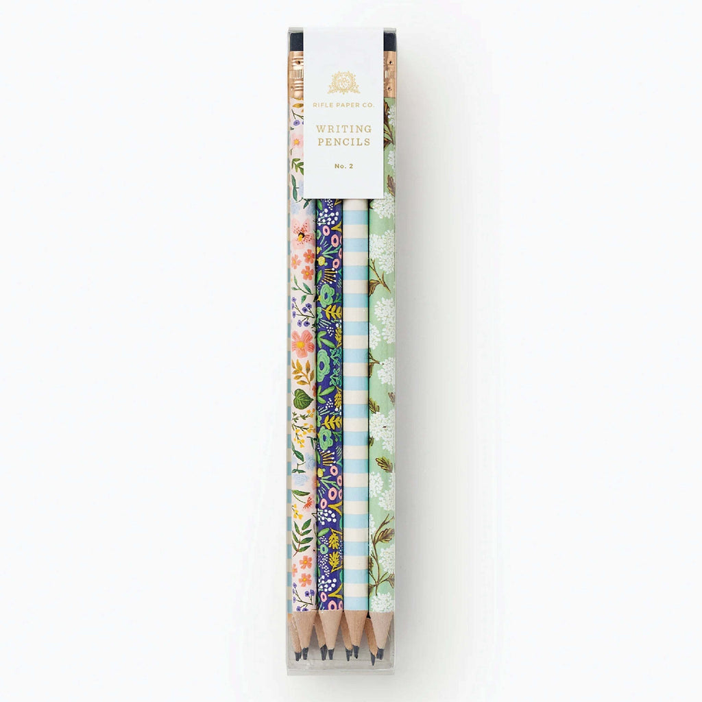 Rifle Paper Co Meadow Writing Pencil Set with pastel stripes and floral designs, set of 12 pencils.