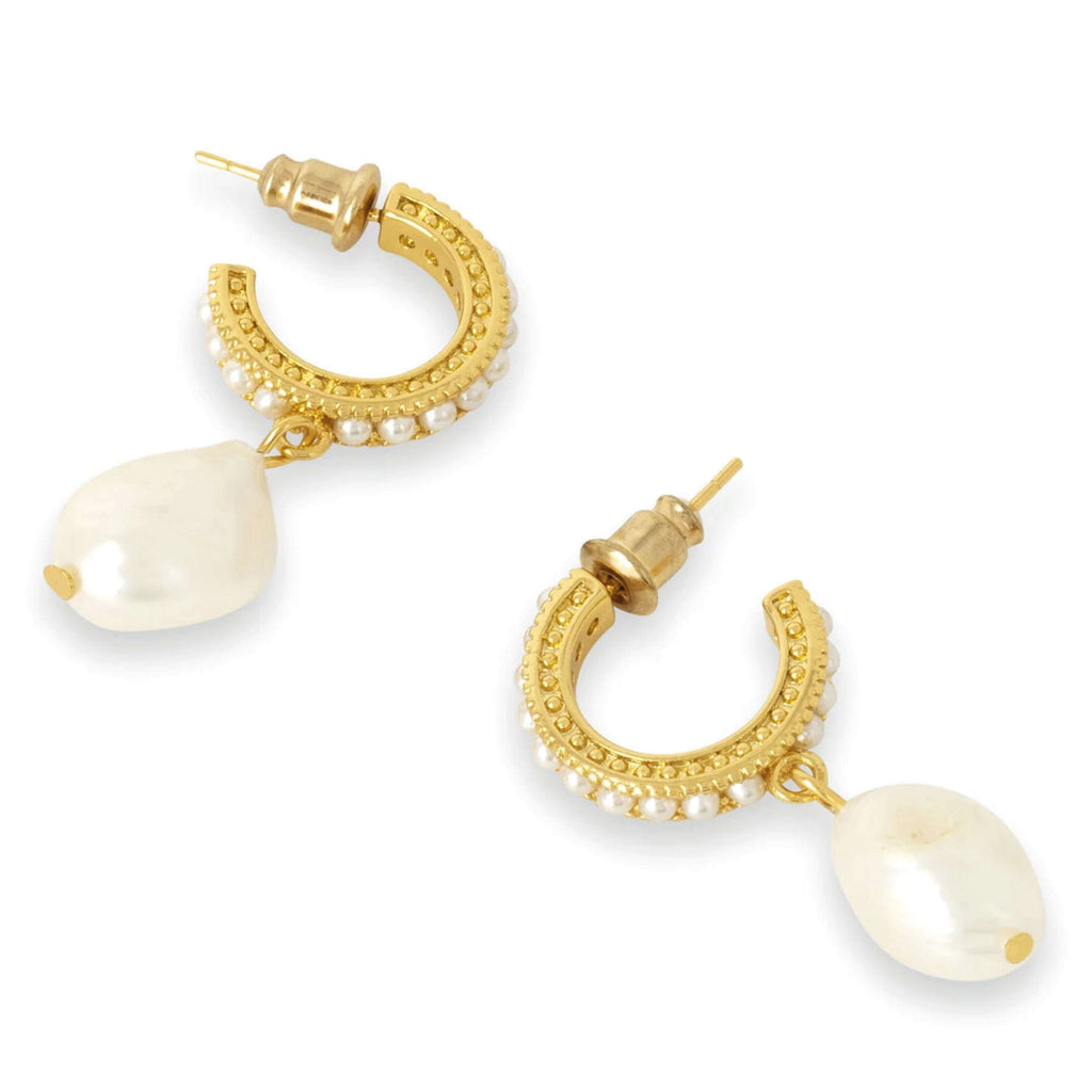 Textured Ashiana London Meera Earrings with freshwater pearl drops, 18 carat gold plated brass, 3 cm size.