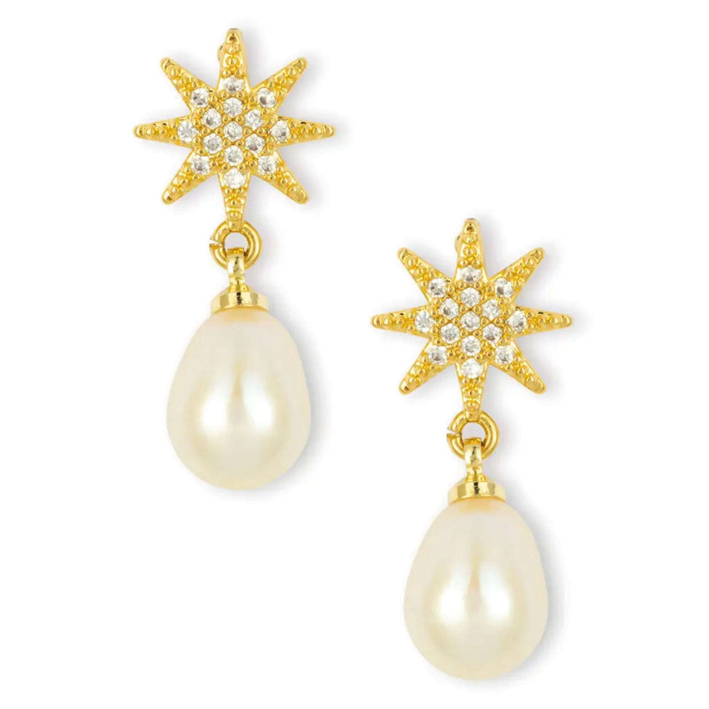 Ashiana London Misha Earrings with gold-plated star studs, cubic zirconia, and freshwater pearl drops.