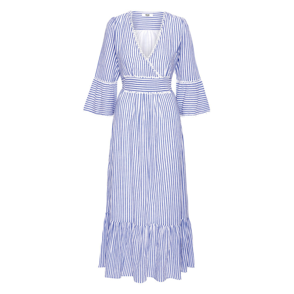 Long blue striped feminine dress with a ruffle detailed crossover v-neck and elastic waist with a flowy pleated panel at bottom.
Moliin Copenhagen Turkish Sea Dulce Dress - Jo And Co Moliin Copenhagen Turkish Sea Dulce Dress - Moliin Copenhagen