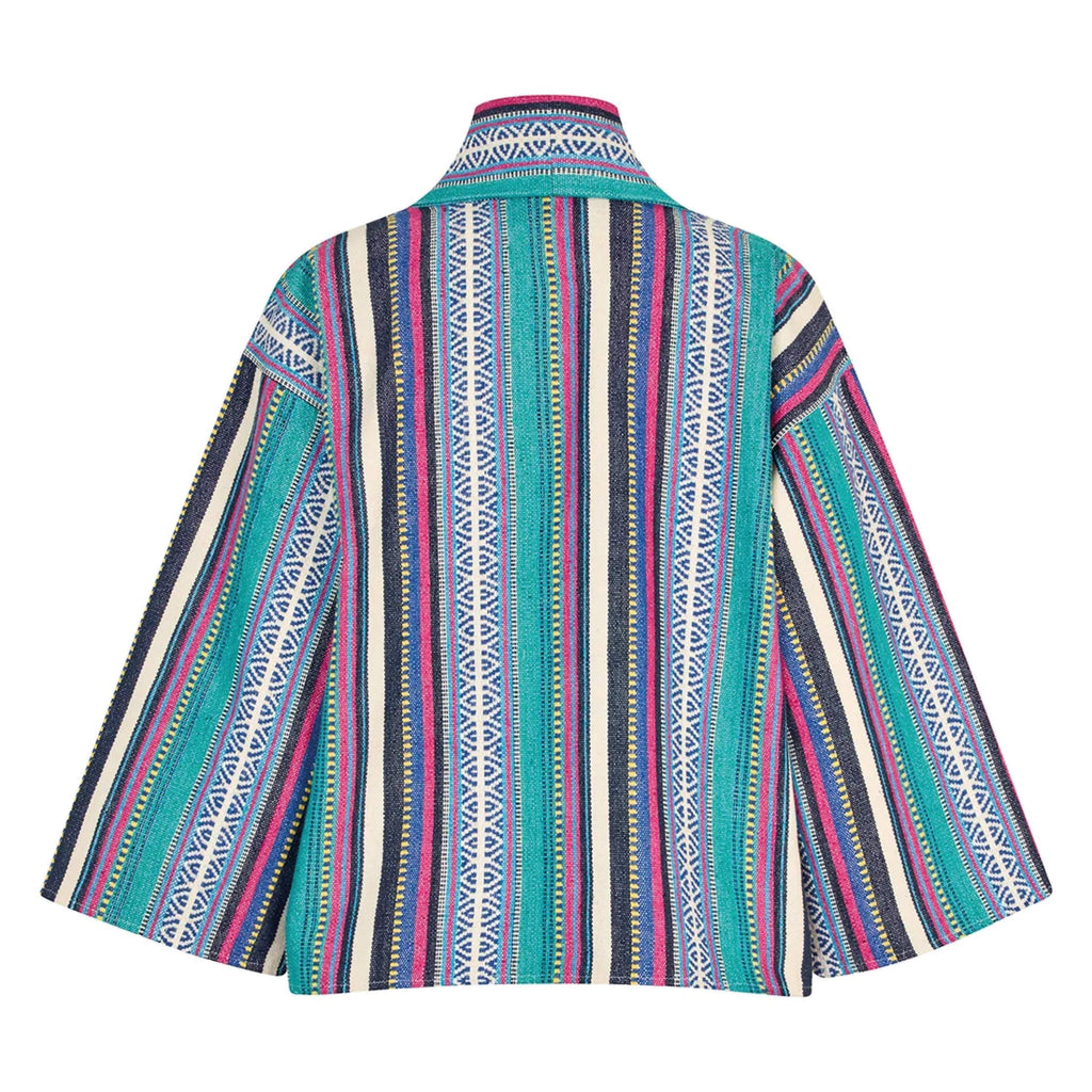 Lollys Laundry Multicoloured Rumi Jacket with teal, navy, pink, and cream geometric stripe pattern, wide sleeves.