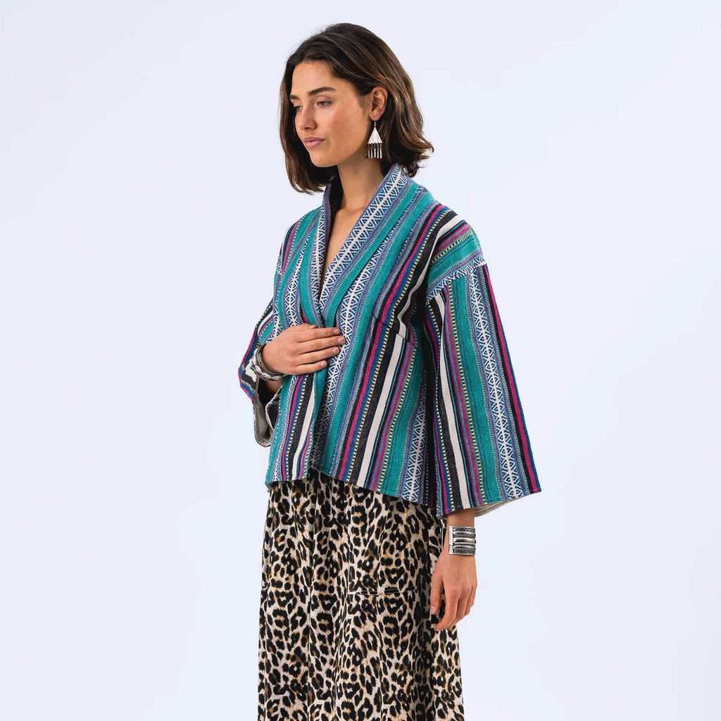 Lollys Laundry Multicoloured Rumi Jacket with teal, navy, pink, and cream stripe pattern and wide sleeves.