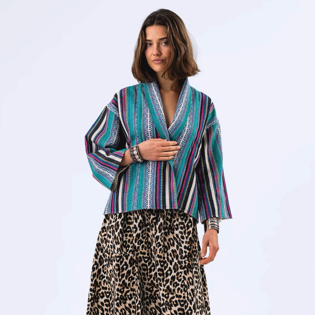 Lollys Laundry Multicoloured Rumi Jacket with teal, navy, pink, and cream stripes in geometric pattern.