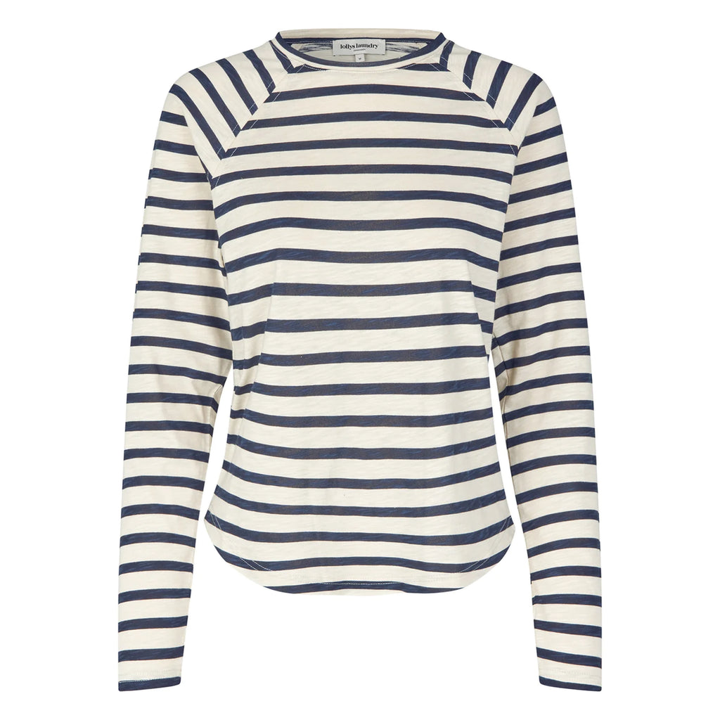 Long-sleeved T-shirt in 100% cotton with a navy blue and white striped design.
Lollys Laundry Navy Stripe Liva Long Sleeve Top - Jo And Co Lollys Laundry Navy Stripe Liva Long Sleeve Top - Lollys Laundry