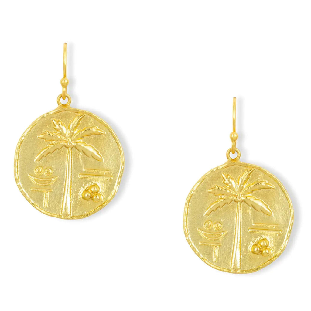 Ashiana London Oasis Earrings with palm tree gold coin design, 22 carat gold plated brass, hypoallergenic posts.