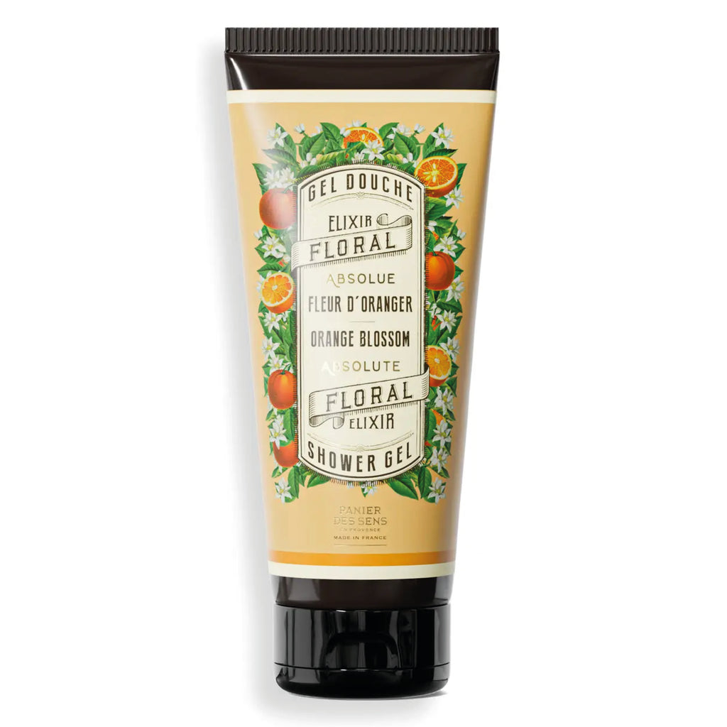 Panier Des Sens Orange Blossom Shower Gel 200ml tube with floral design, enriched with shea oil and natural ingredients for a creamy, fragrant shower experience.