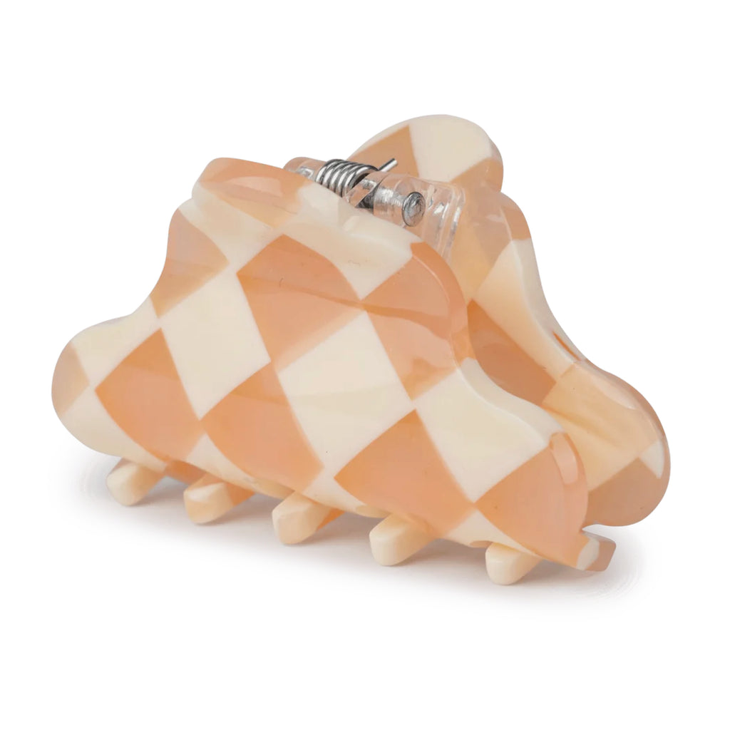 Small hair clip with a peach checkered design.
Peach Lene Checkered Mini Hair Claw - Jo And Co Peach Lene Checkered Mini Hair Claw - SUI AVA