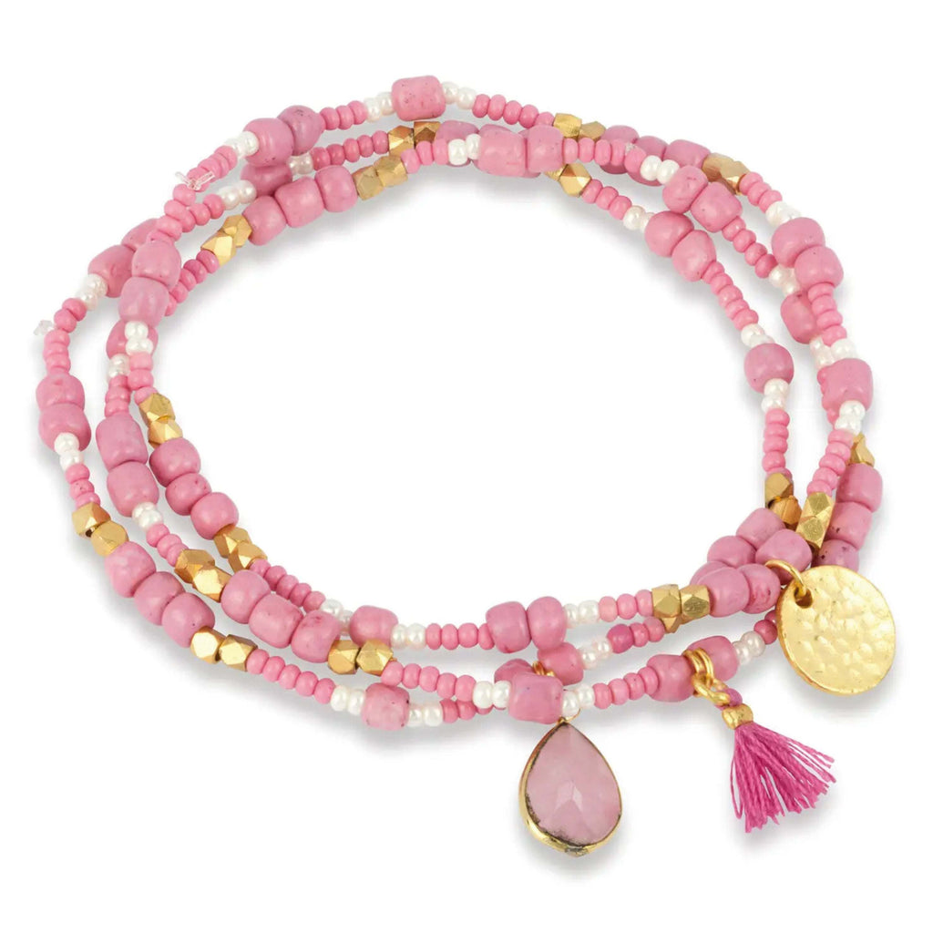 Ashiana London Pink Luana Bracelet set with gold-plated beads and semi-precious pink jade stone.