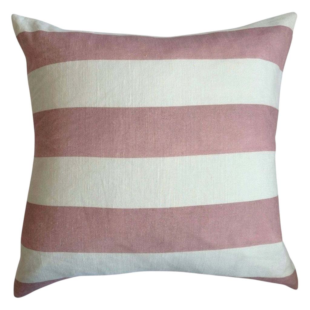 Pink Riviera Striped Linen Cushion with wide pink and white stripes crafted from linen-cotton blend.