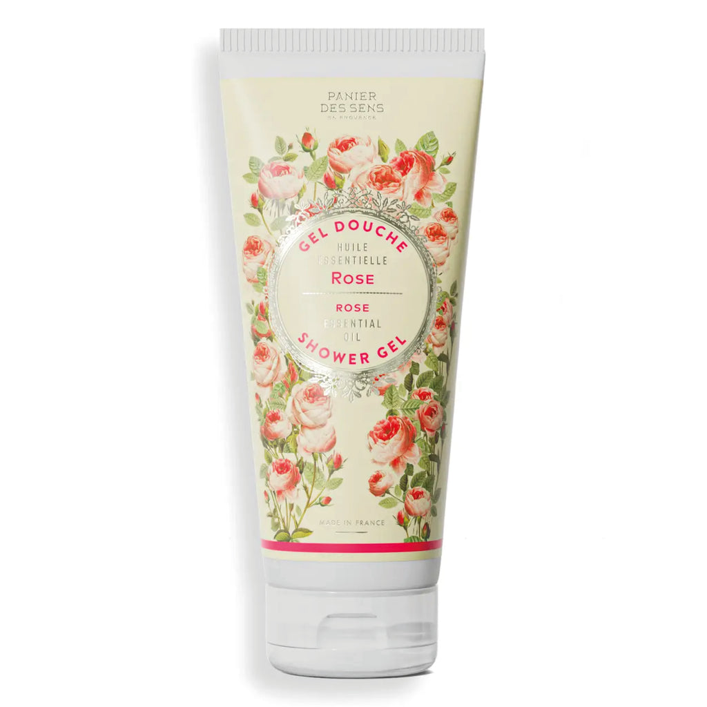 Panier Des Sens Rejuvenating Rose Shower Gel 200ml with shea oil and natural ingredients in floral packaging.