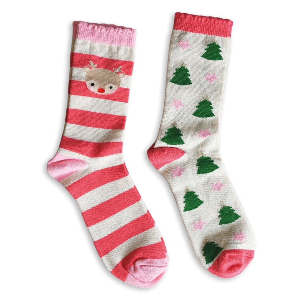 Festive Rockahula Kids Jolly Christmas Socks 2 Pack with reindeers and Christmas trees, made from soft organic cotton.