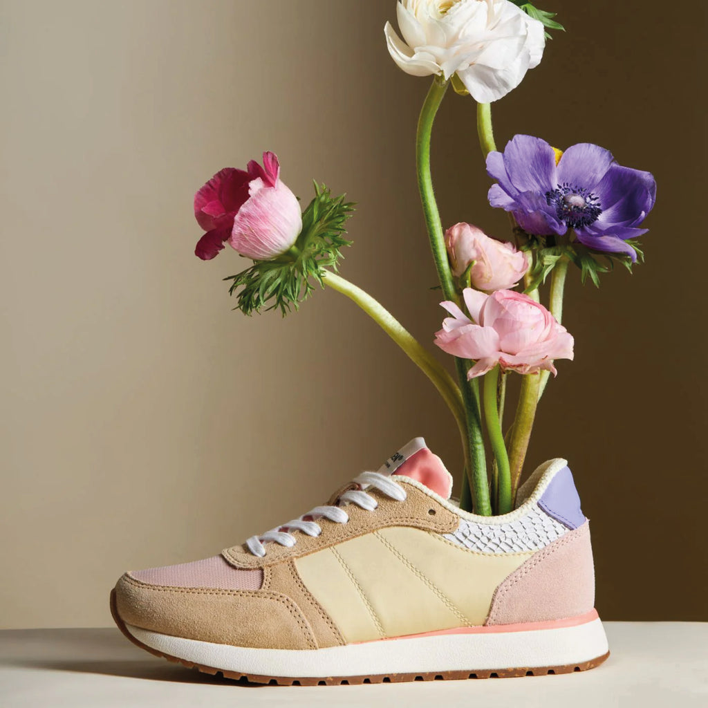 Woden Ronja Powder Multi Sneakers with color blocking, leather and textile design, fish leather heel, and cork sole.
Woden Ronja Powder Multi Sneakers - Jo And Co Woden Ronja Powder Multi Sneakers - Woden