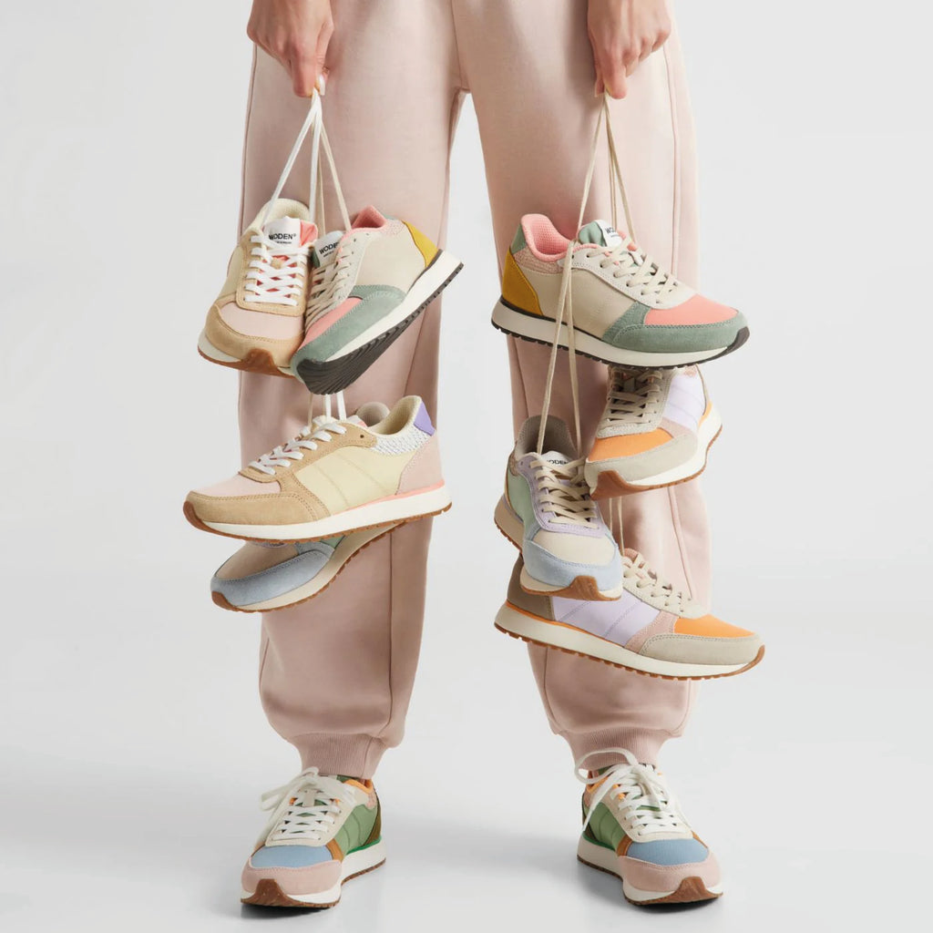 Woden Ronja Powder Multi Sneakers with color blocking, leather and textile design, fish leather heel, and cork sole.
Woden Ronja Powder Multi Sneakers - Jo And Co Woden Ronja Powder Multi Sneakers - Woden