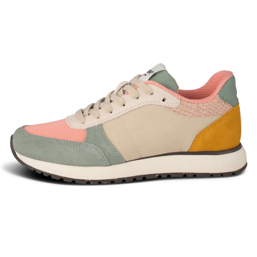 Woden Ronja Pink Sand Multi Sneakers with color block design, leather and textile materials, cork sole, and fish leather heel details.
Woden Ronja Pink Sand Multi Sneakers - Jo And Co Woden Ronja Pink Sand Multi Sneakers - Woden