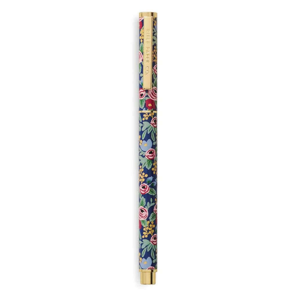 Rifle Paper Co Rosa Pen with floral design and brass rollerball tip.