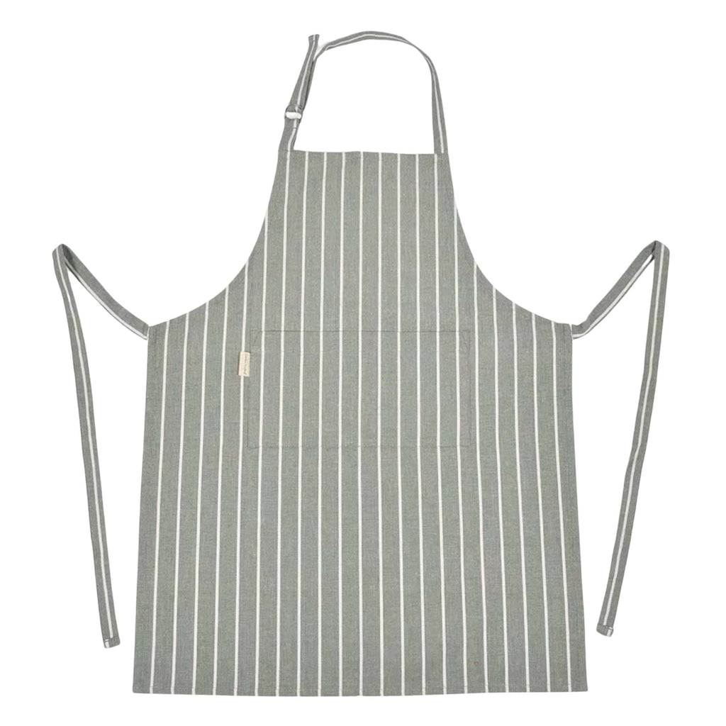 Rosemary Bampton Apron with stripes, adjustable neck ties, and front pocket.