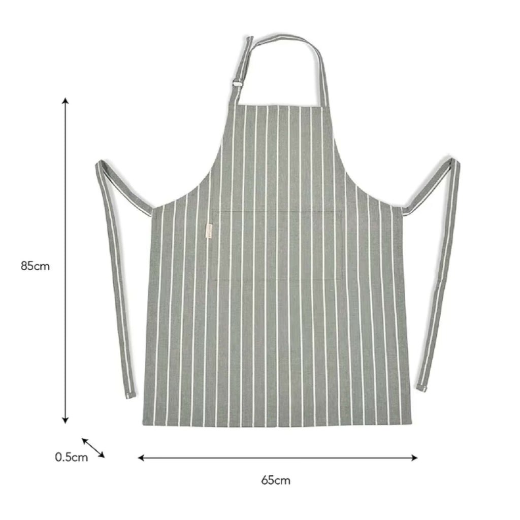 Rosemary Bampton Apron with white stripes, 100% cotton, featuring adjustable neck and waist ties, and a front pocket.