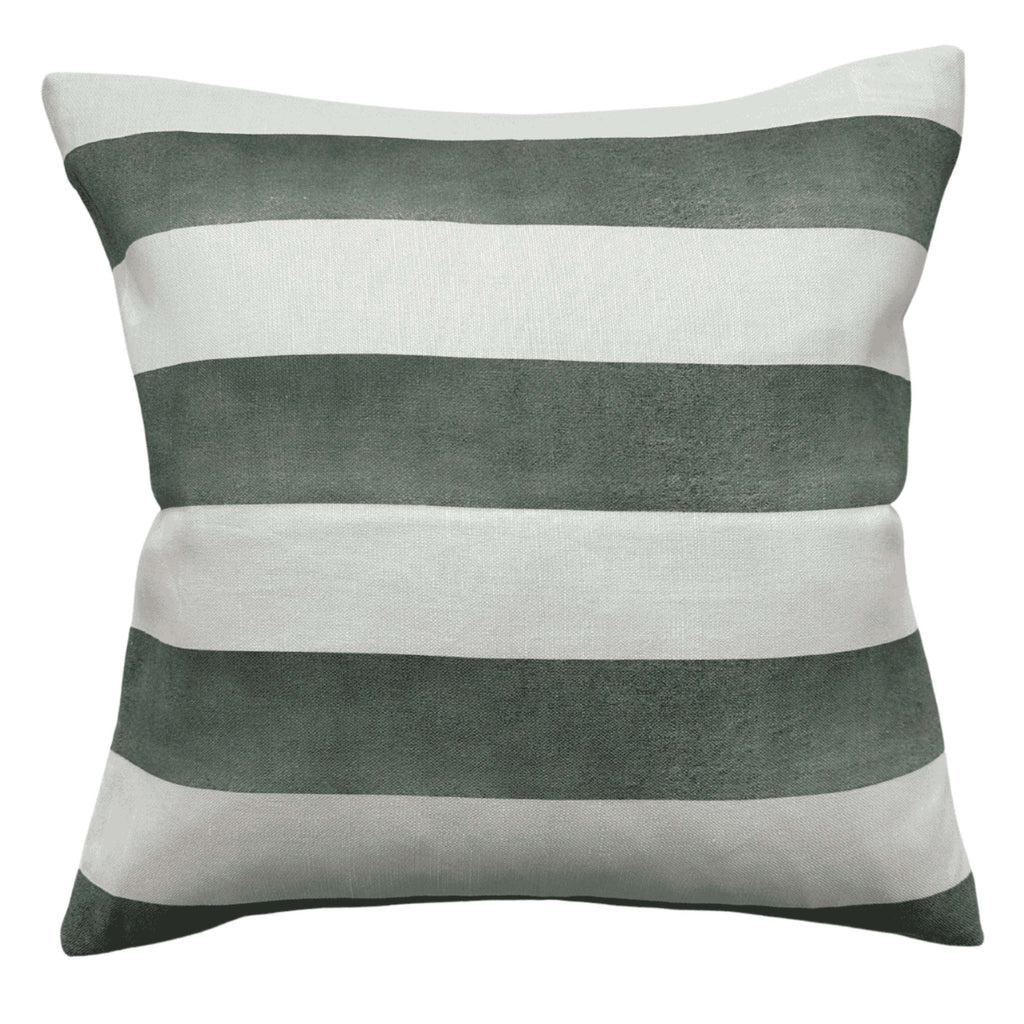 Sage Riviera Striped Linen Cushion with wide sage and white stripes, made from linen-cotton blend.