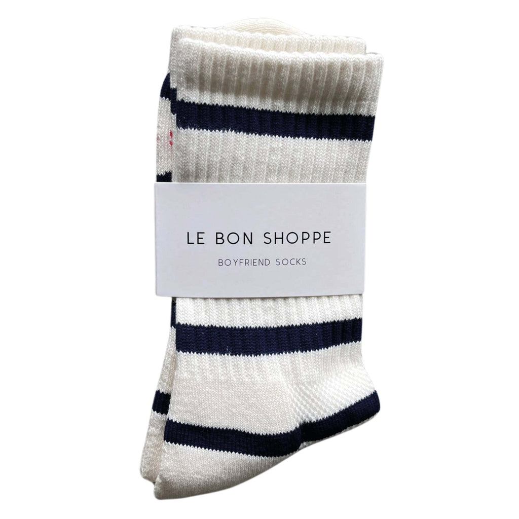 Le Bon Shoppe Sailor Striped Boyfriend Socks in white with navy stripes.