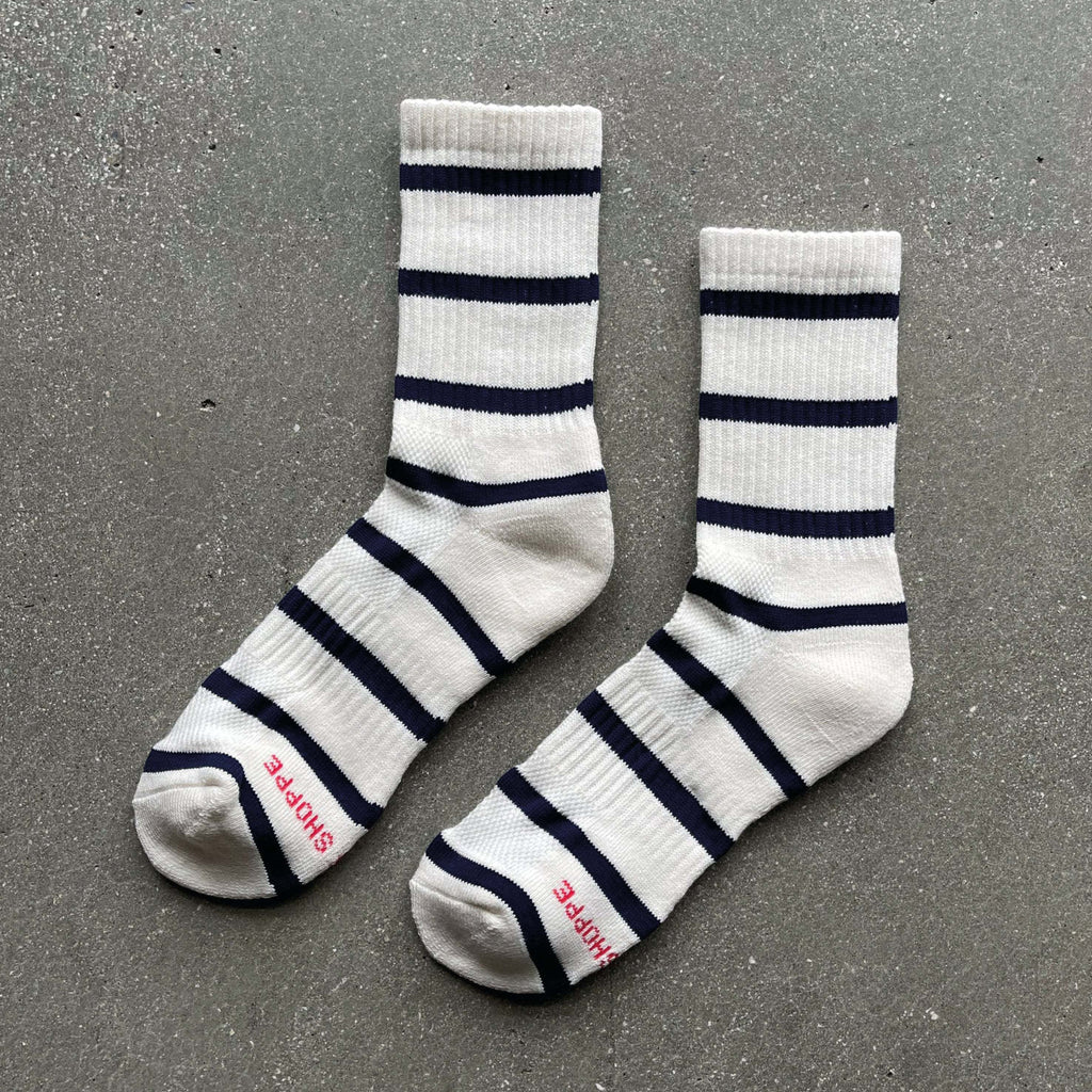 Le Bon Shoppe Sailor Striped Boyfriend Socks on gray background.