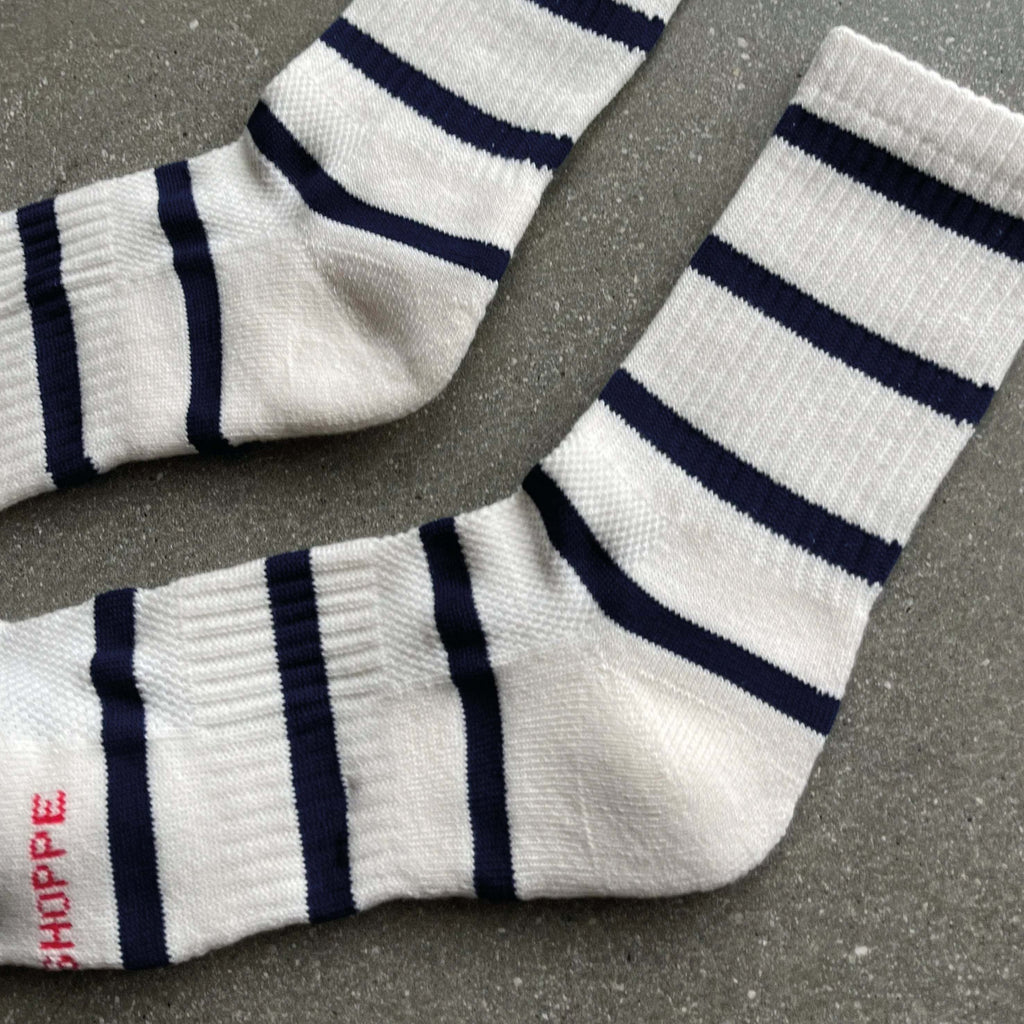 Le Bon Shoppe Sailor Striped Boyfriend Socks with navy and white stripes.