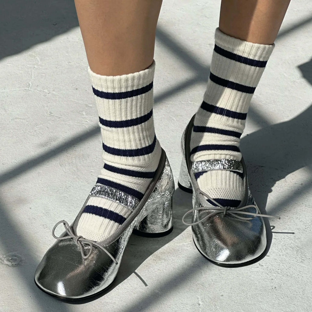 Le Bon Shoppe Sailor Striped Boyfriend Socks paired with silver shoes.