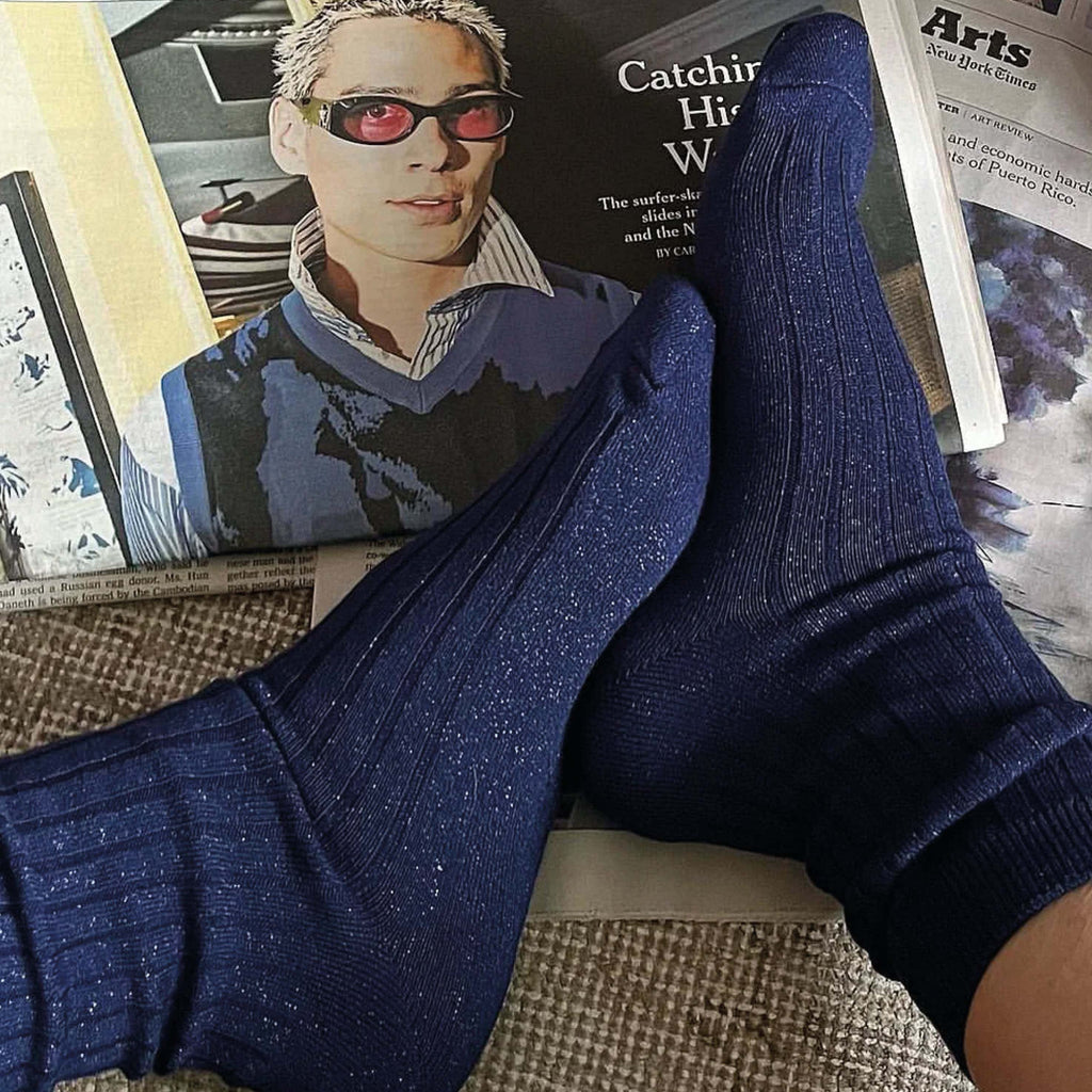 Le Bon Shoppe Sapphire Glitter Her Socks in blue, showcasing sparkle and ribbed texture.