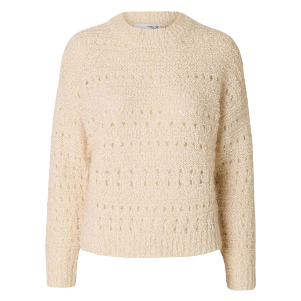 Selected Femme Birch Alfi Crochet Knit sweater in mohair wool with round neck and long sleeves.