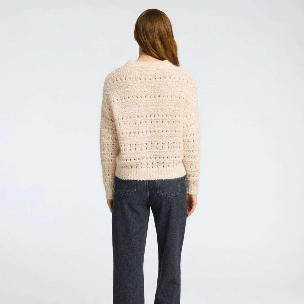 Selected Femme Birch Alfi Crochet Knit with round neck, dropped shoulders, long sleeves, and ribbed trims, crafted from recycled polyester, mohair, and wool.