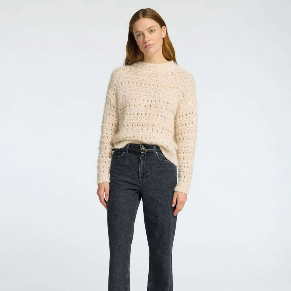 Selected Femme Birch Alfi Crochet Knit with mohair wool, round neck, long sleeves, and ribbed trims.