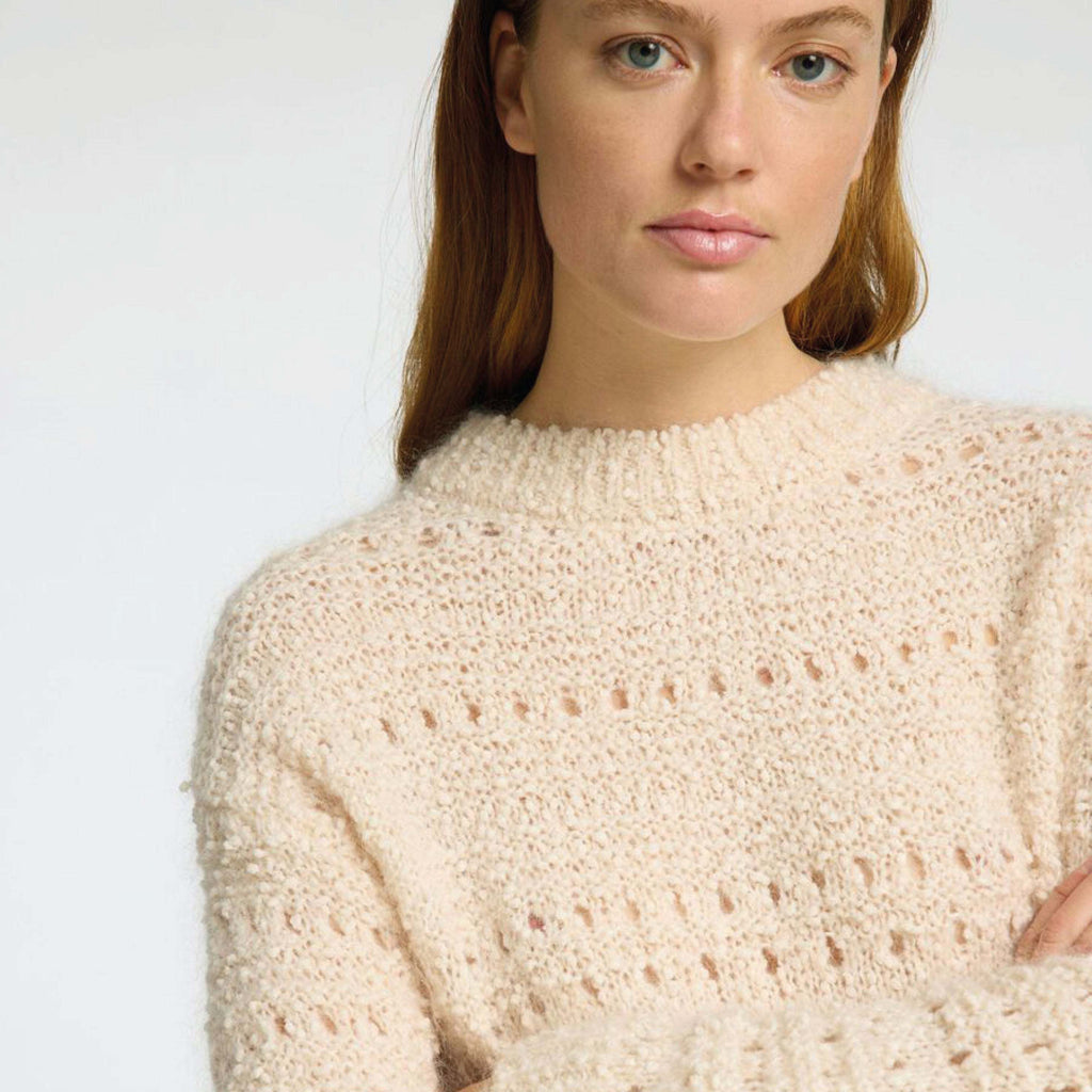 Selected Femme Birch Alfi Crochet Knit with round neck and long sleeves.