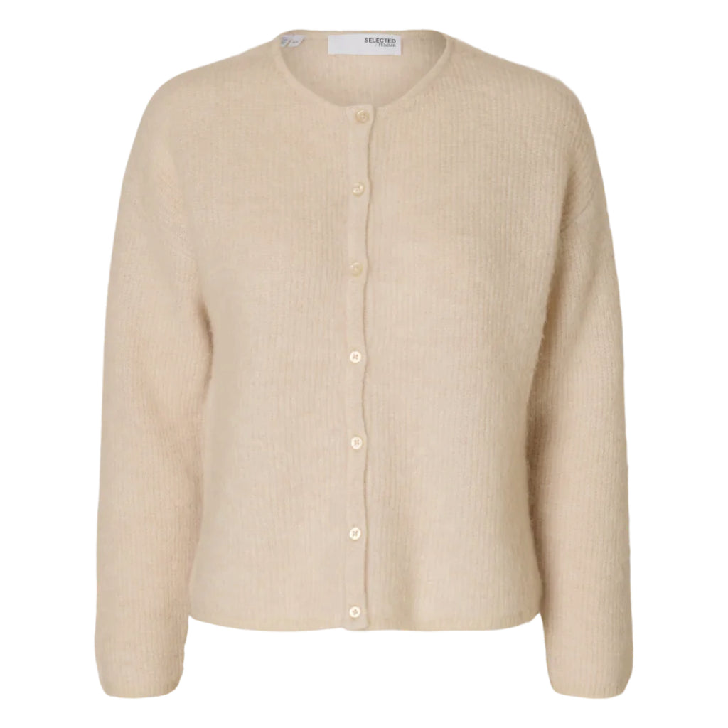 Selected Femme Birch Sia Ras Knit Cardigan made of alpaca-wool blend in beige color.