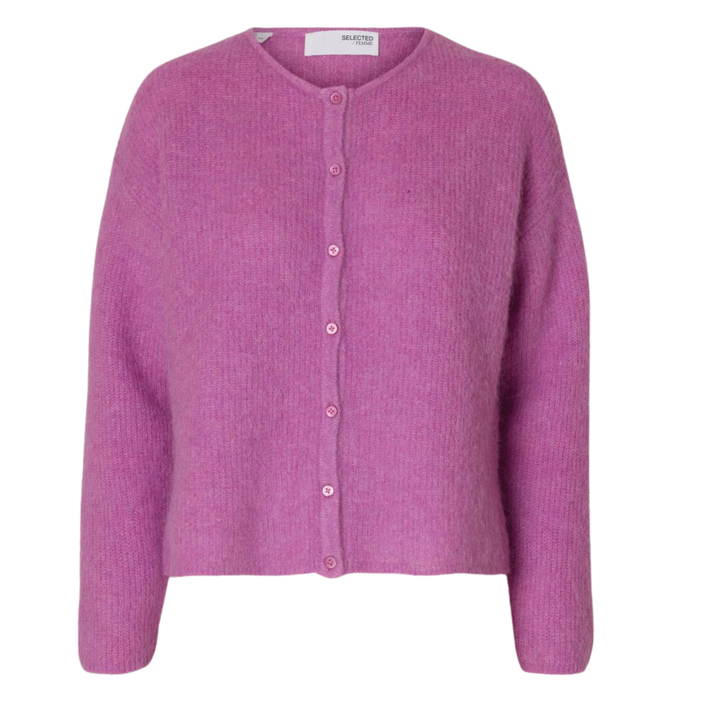 Bloom Sia Ras Knit Cardigan in pink with round neck and button-up front.