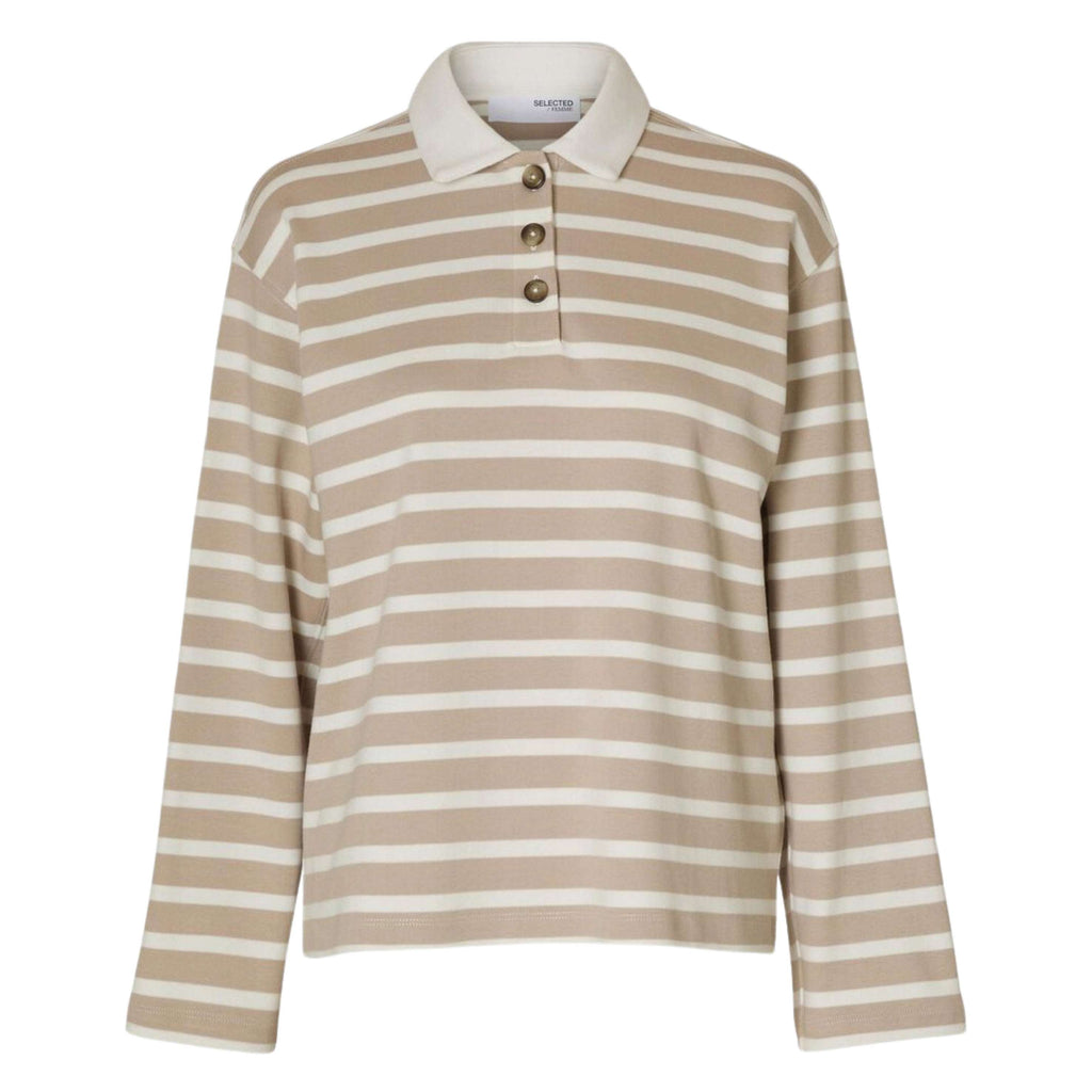 Selected Femme Island Fossil Wada Striped Polo Top with long sleeves and polo collar.