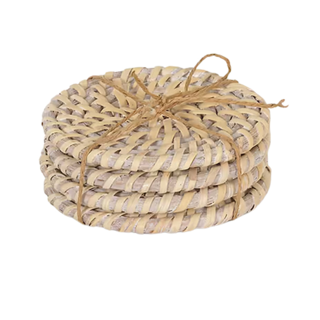 4 White Wittering Rattan Coasters set with woven design.
Set of 4 White Wittering Rattan Coasters - Jo And Co Set of 4 White Wittering Rattan Coasters