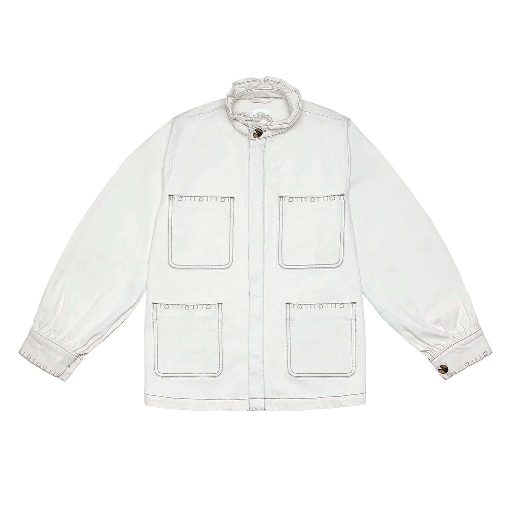 Seventy + Mochi Ecru Dear Pablo Jacket with embroidered floral details, loose fit, balloon sleeves, and frill collar.