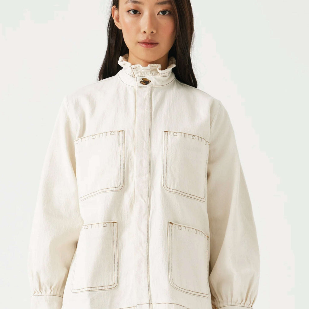 Seventy + Mochi Ecru Dear Pablo Jacket with floral embroidery and frill collar.