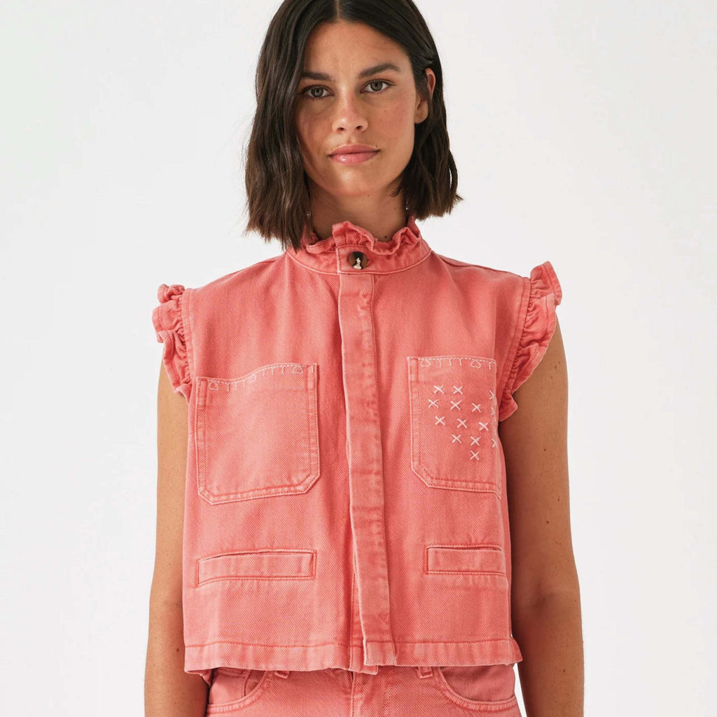 Seventy + Mochi Mineral Red Dear Pablo Waistcoat with heart stitch and frill collar.