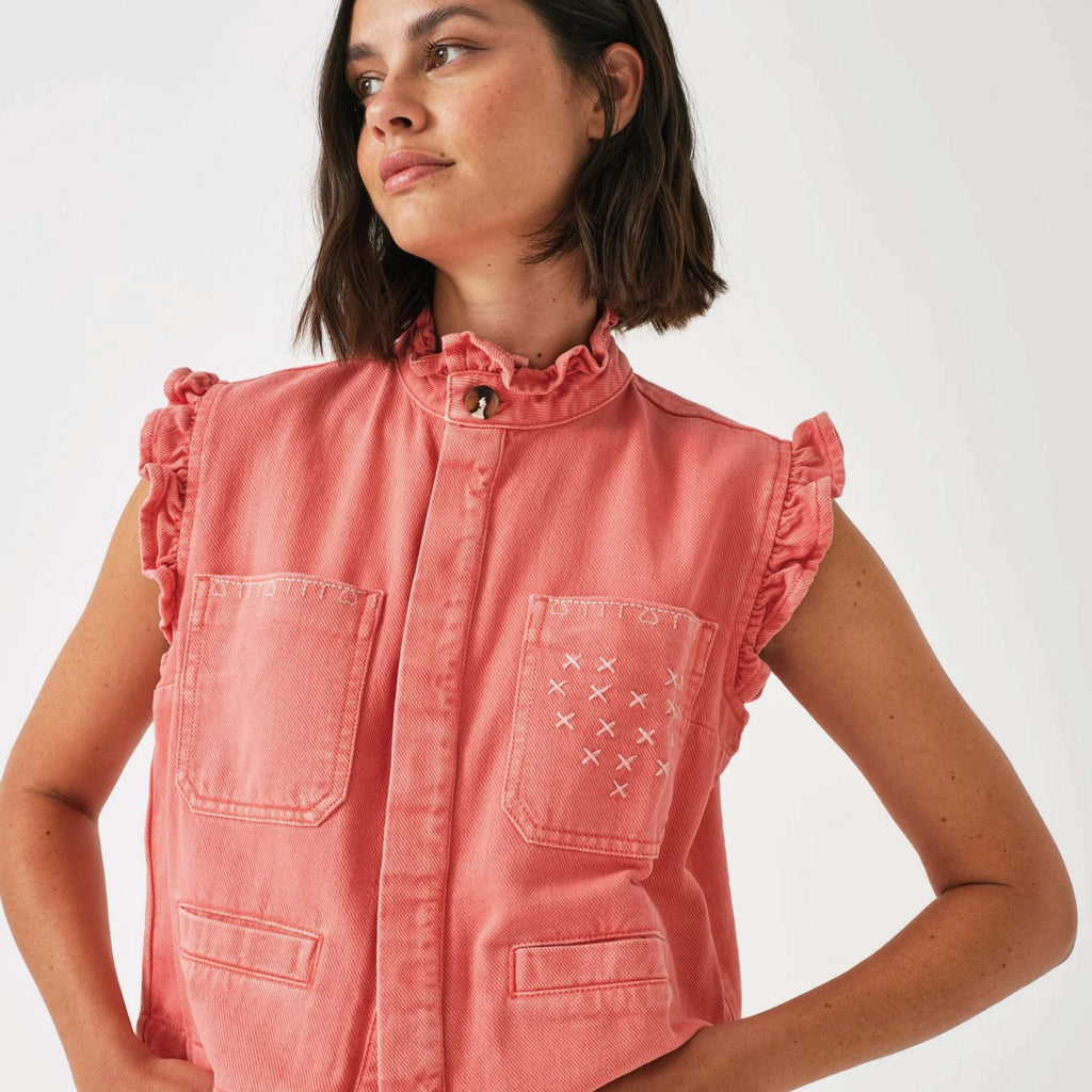 Seventy + Mochi Mineral Red Dear Pablo Waistcoat with heart stitch and frill collar.