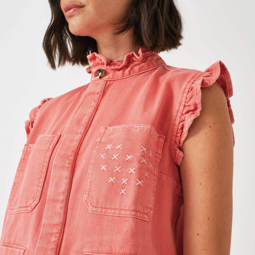 Seventy + Mochi Mineral Red Dear Pablo Waistcoat with heart stitch detailing and frill collar.